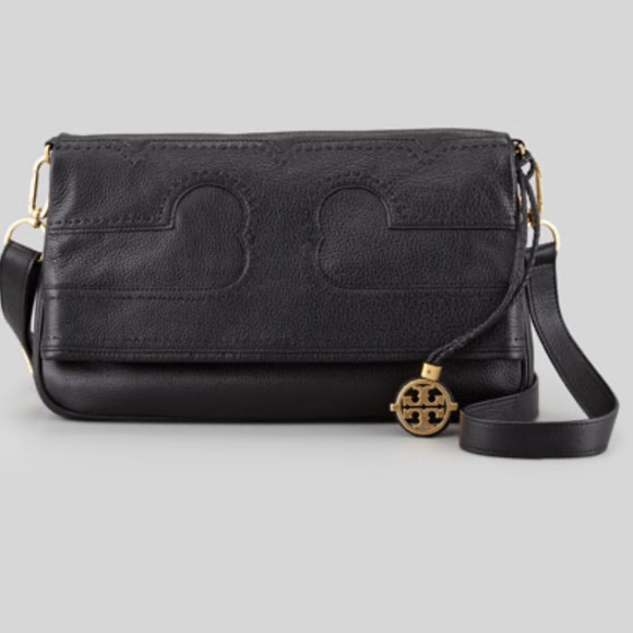 Tory Burch Amalie black fold over messenger black pebbled leather bag - Picture 6 of 16